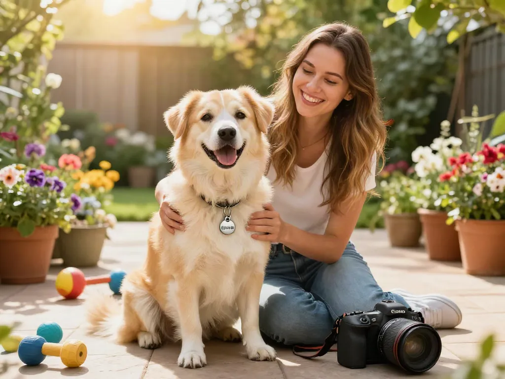 Hondenpenning met naam op een blije hond in een zonovergoten tuin.