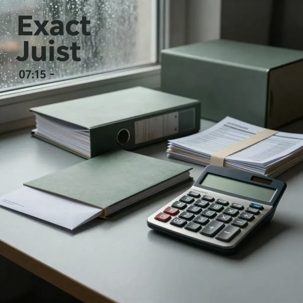 Boekhoudtafel met calculator, ordners en documenten bij een beslagen raam in regenlicht.