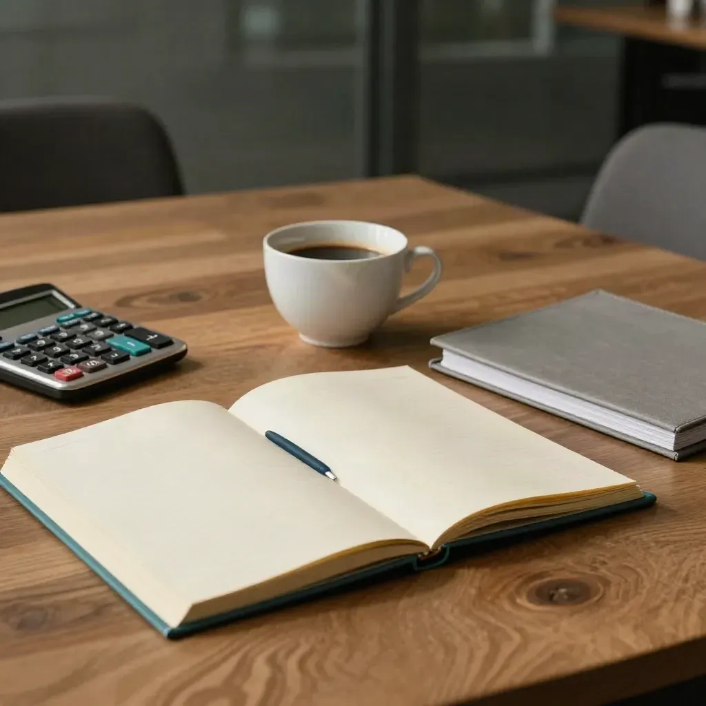 Overlegtafel met koffiekop, calculator en mappen in zacht middaglicht