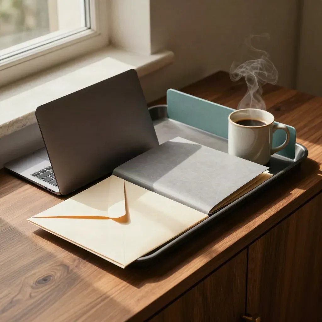 Bovenaanzicht van admintray met gesloten laptop, bankenvelop, mappen en dampende koffiemok.